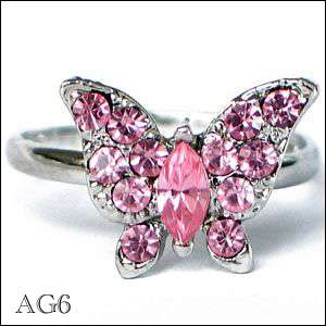 PINK MULTI CRYSTAL BUTTERFLY RING SILVER TONE O/S NEW  