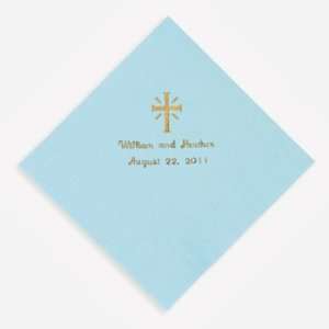 Personalized Gold Cross Beverage Napkins   Light Blue   Tableware 