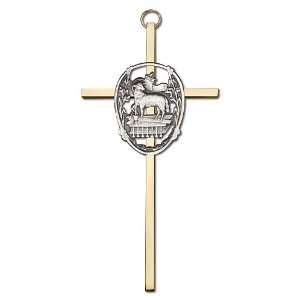  6 inch Antique Gold Lamb of God on a Polished Brass Cross 