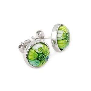   Sterling Silver Green Millefiori Murano Glass Stud Earrings Jewelry