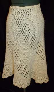 Vintage 60s 70s Crochet Knit Ivory M L 30W Off White Hippie Skirt 