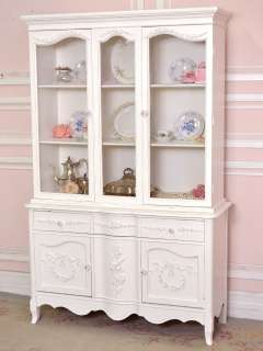 Shabby Cottage Chic White Glass China Cabinet French Style Roses 
