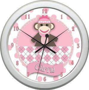 Personalized Girl Sock Monkey Nursery Wall Clock  