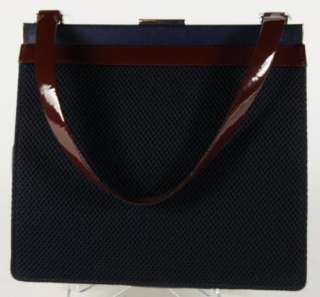   Miu Cream Leather Color Block Navy Blue Mesh Silver Clasp Shoulder Bag