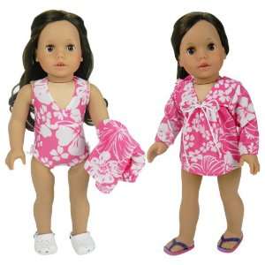  Doll Clothes Pink Hawaiian Doll Bathing Suit & Cover Up 2 