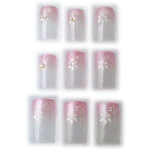  White Floral & Pearlescent Pink French Tip w/ Rhinestone 