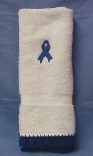 Colon Cancer Blue Ribbon Crocheted Trim Hand Towel  