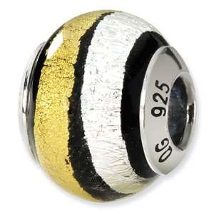  925 Silver Gold Stripe Black Italian Murano Glass Bead 