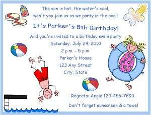Kids Pool Party Birthday Party Invitations  