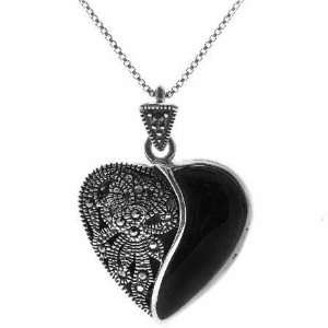  Sterling Silver Genuine Marcasite and Onyx Stone Heart 