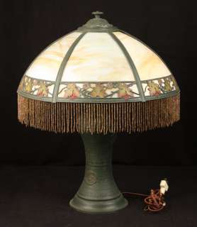   & CRAFTS LAMP STAINED GLASS SHADE LEAF FLOWER OVERLAY BEADED FRINGE