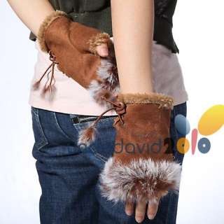 Womens Rabbit Fur Hand Wrist Warmer Fingerless gloves Coffee Color 
