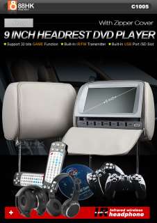 C1005 2x 9 LCD Car Grey Pillow Headrest SD DVD Player Speaker IR 