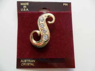 New Gold Colored Initial Pin S With Austrian Crystal Made In USA 