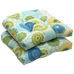   Blue and Green Floral Wicker Seat Cushions (Set of 2)  
