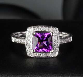   AMETHYST & DIAMOND   Solid 14K WHITE GOLD Pave ENGAGEMENT Halo RING