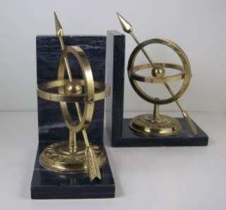 Vintage Brass Armillary Sundial Bookends Marble Bases Sphericle 