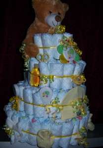 Baby Shower 4 Tier Bear Diaper Cake, 150+ Brand Diapers, BONUS  