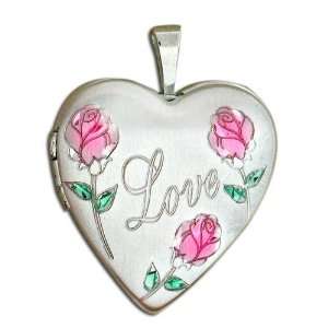  Sterling Silver Love Rose Heart Locket With Pink And Green 