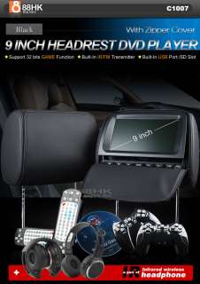 C1007 2x 9 LCD Car Black Pillow Headrest SD DVD Player Speaker IR 