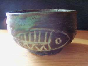 Unique Pottery Piece Bowl Fish Etchings Vintage 6  