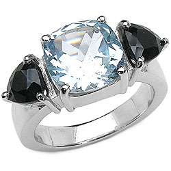 Sterling Silver Blue Topaz and Black Sapphire Ring (Size 7 