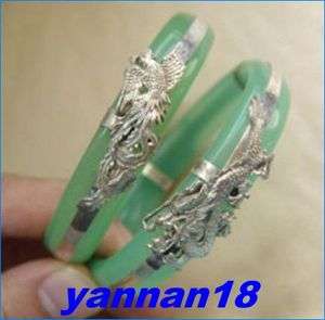   Pair Tibet Silver Engraving Dragon Phoenix Green Jade Bracelet  