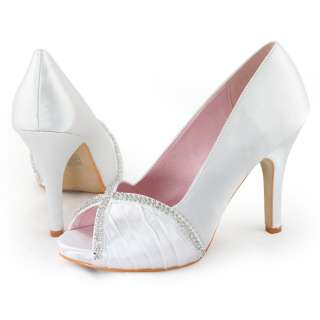   bridal white satin ruched rhinestones peep toe platform heel shoes