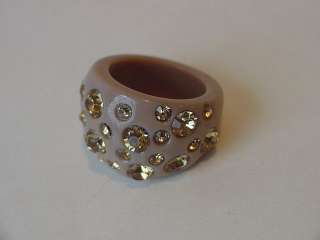 VTG BIG CHUNKY PLASTIC RING~LIGHT CHOCOLATE with RHINESTONES~OLD STORE 