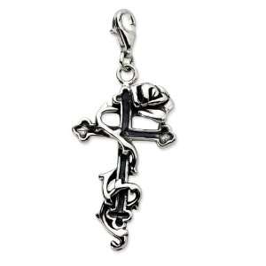   Silver Click on Antiqued Cross W/ Climbing Rose Charm Jewelry