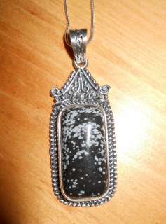   Bali Snowflake Obsidian Gemstone Rectangular Pendant Necklace  