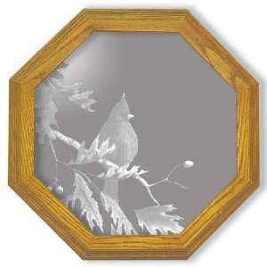  Etched Mirror Cardinal Bird Art in Solid Oak Frame 