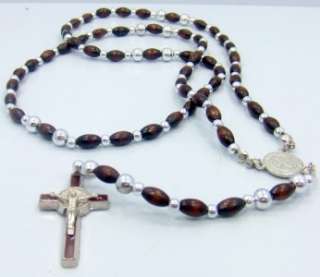 Saint St Benedict Brown Stretch Rosary Wood Bead Silver Plate Medal 
