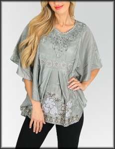   Grey Kimono Butterfly Sleeve Embroidered w/ BeadsTOP Blouse M  