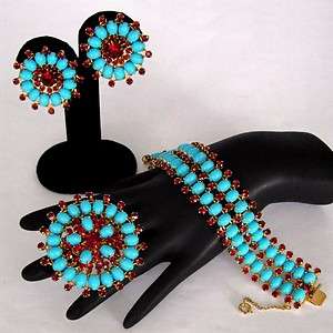  Turquoise Red Rhinestone Egyptian Revival Bracelet Brooch Earring