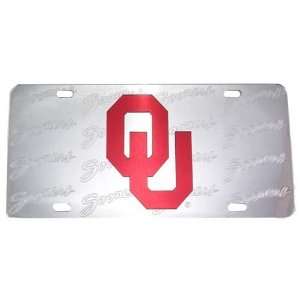  Oklahoma Sooners Silver Mirror License Plate W/Red OU 
