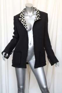   +Fringe Trim Blazer Jacket Coat +Graphic Pyramid Knit Lining M  