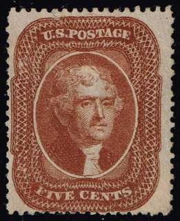 US stamp#30 5c Orange Brown II Jefferson 1857 61 MHr/OG stamp $1,250 