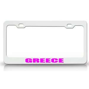 GREECE Country Steel Auto License Plate Frame Tag Holder, White/Pink
