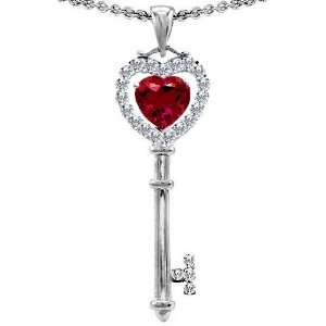  Silver 1.5inch Key to my Heart Love Key Pendant with Created Ruby 