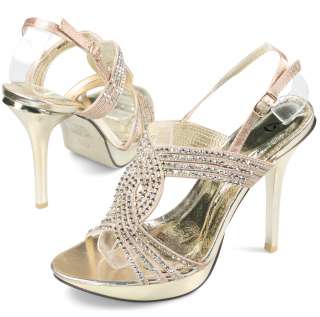 New ladies evening prom wedding party designer dress gold high heel 
