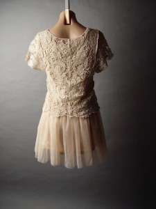 Crochet Top Blouse Tulle Skirt Antique Beige Romantic Vtg y Mini fp 