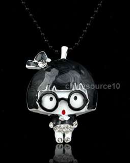 Black glasses girl swarovski crystal chain necklace pop CN4683  