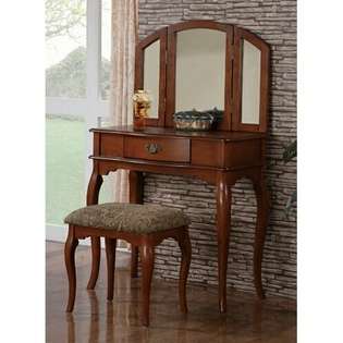 Poundex 3 pc Walnut brown finish wood make up bedroom vanity set with 
