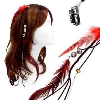 Feather Beaded Hair Extension Mini Hair Clip Comb Leather Cord Brown 