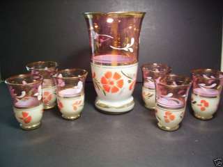 vtg PITCHER & 6 GLASSES RUBY FLASH AND FROSTED & FLOWER  