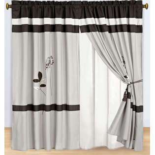   Coffee Embroidered Curtain Set w/ Valance/Sheer/Tassels 