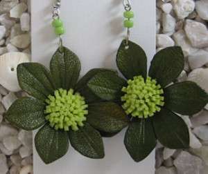 pair LEATHER EARRINGS Green flower **unique design**1  