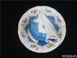 Meissen Demitasse Cup and Saucer Hand Painted Flowers c1945 BLUE 