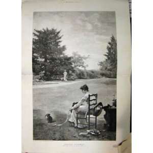  1895 Woman Garden Cat Country Scene Antique Fine Art